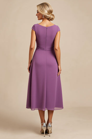 Purple Chiffon Midi Mother of the Bride Dress with Beading